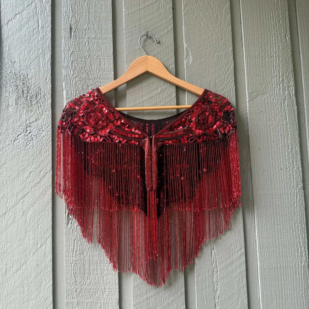 Vintage Beaded Sequin Fringe Capelet Shrug Womens One Size Red Floral Wrap